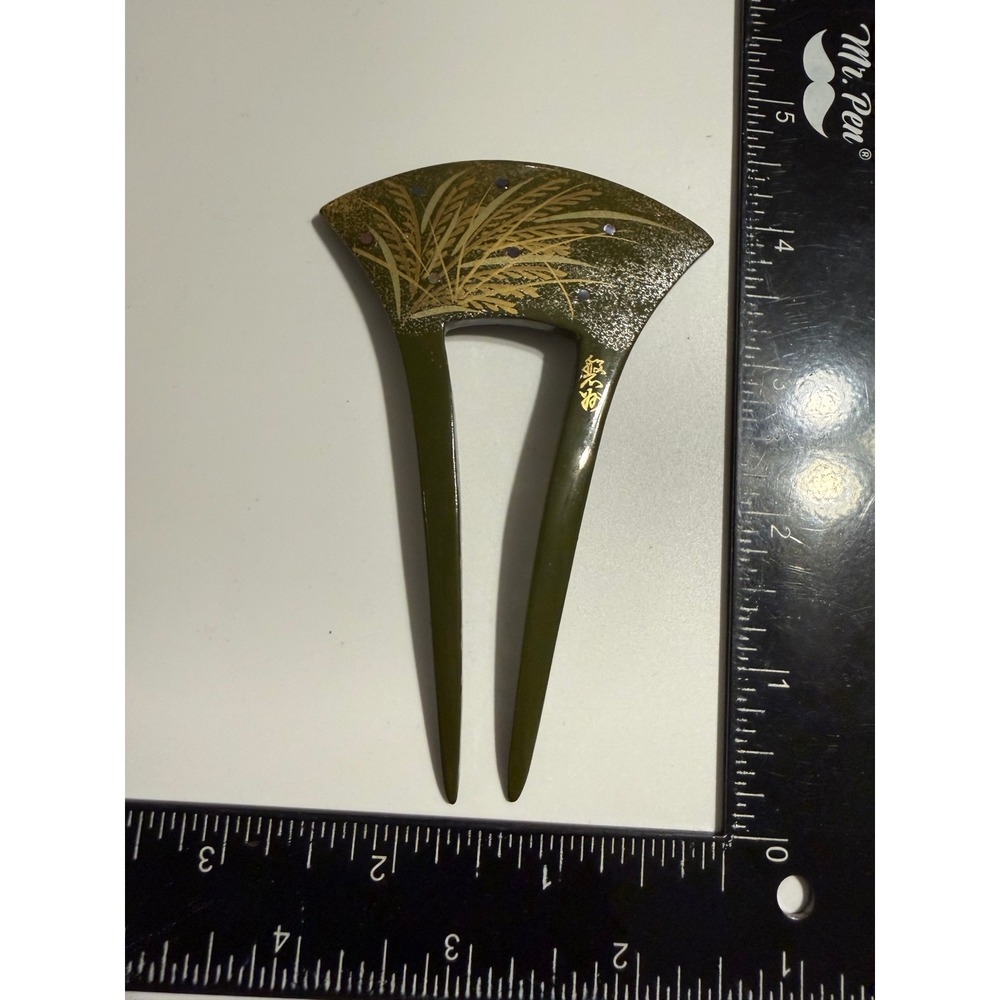 Vintage Japanese Kanzashi Hair Pin Fan Shape Gold Wheat Abalone Shell Signed